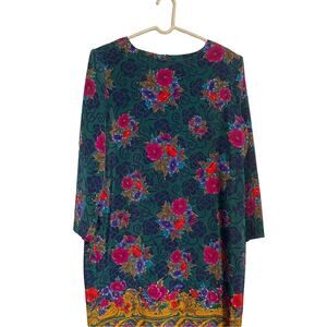 Susan Graver Border Bouquet Green Print Dress Lg 14/16